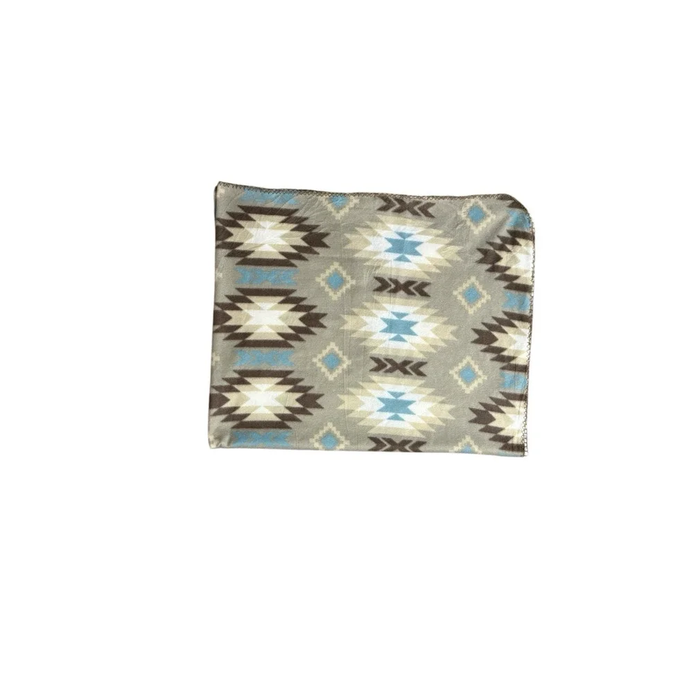 Southwestern Print Throw Blanket Tan Brown Blue Accent Quilt Cover Fleece